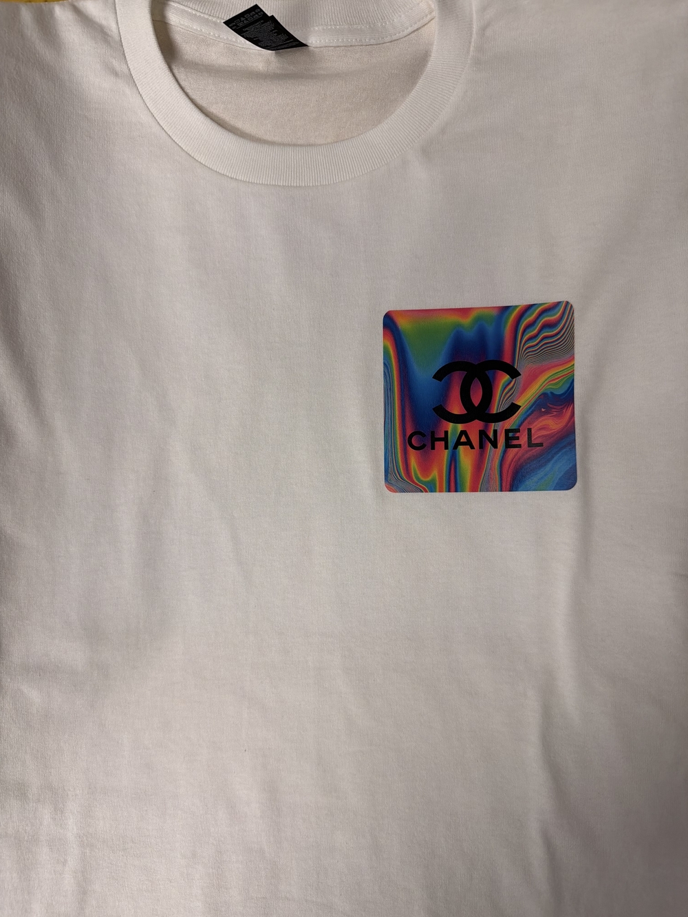 VIP White Tee with Multicolor Swirl Logo Patch Front And Back